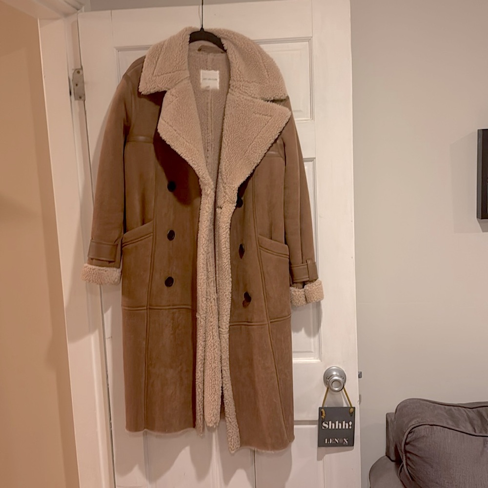 Tan Teddy Jacket with Cream Collar and Oversized Fit